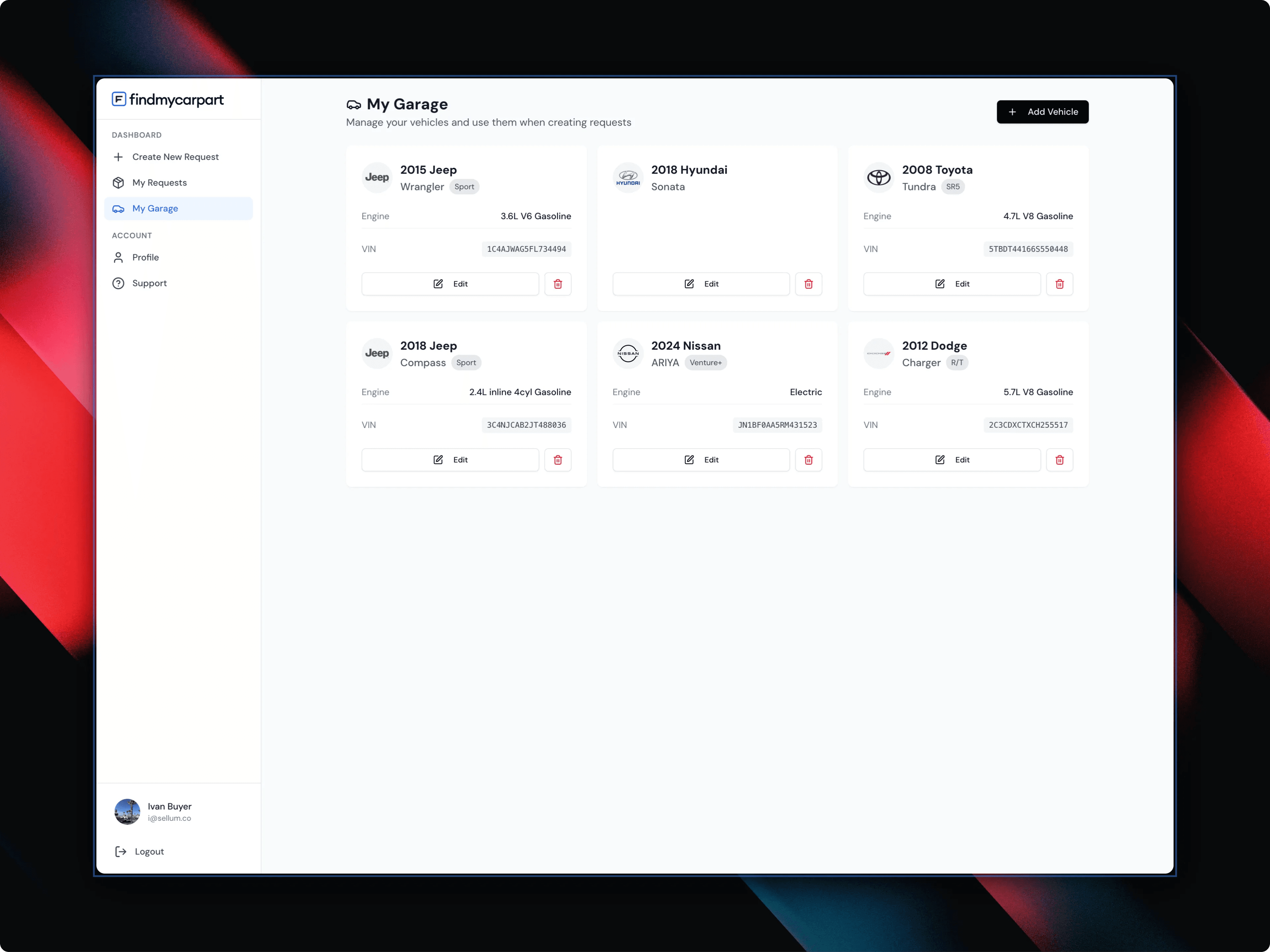 My Garage showing saved vehicles with VIN, engine type, and trim details