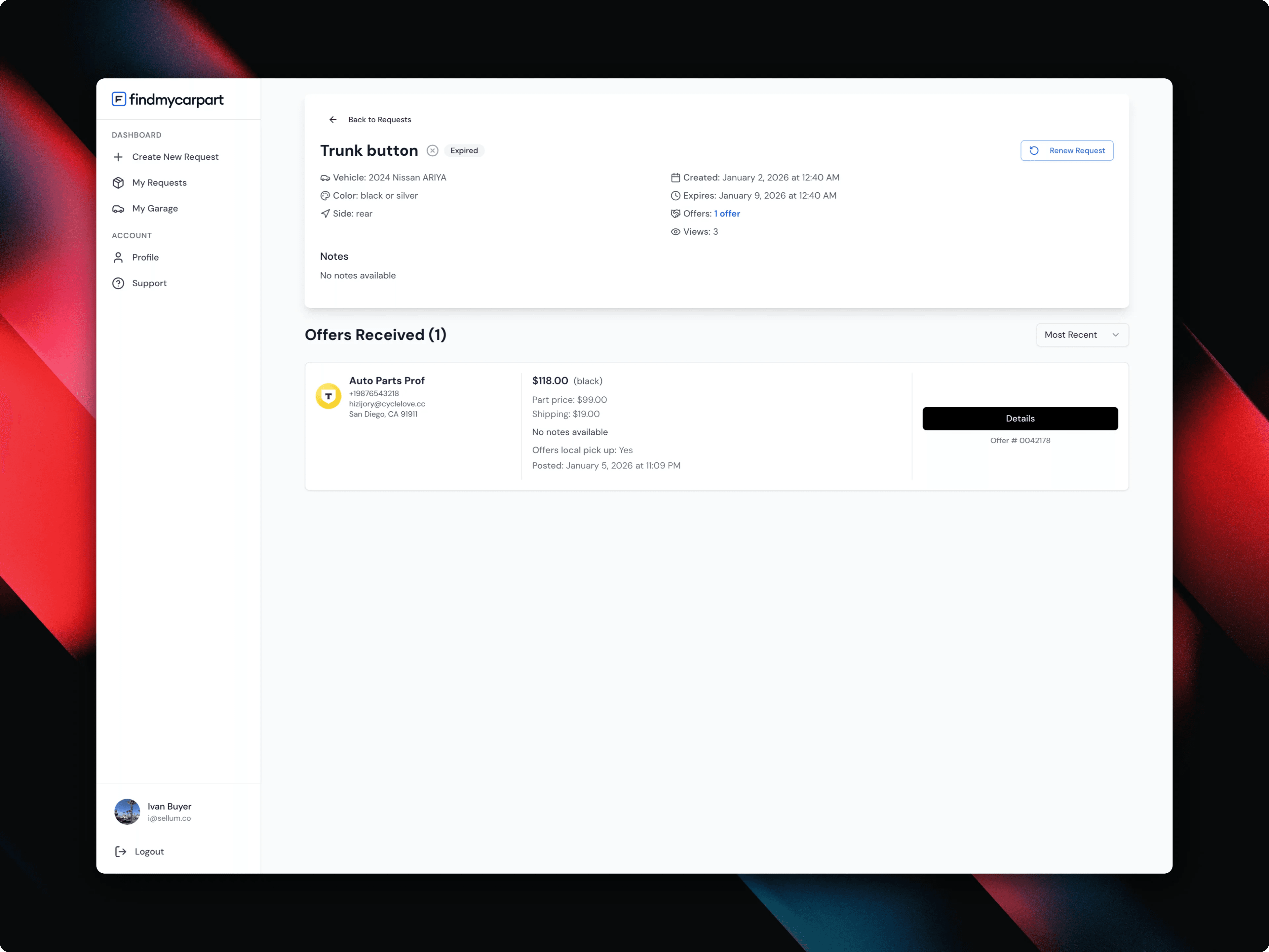 Request detail page with offer from salvage yard showing price breakdown and contact info