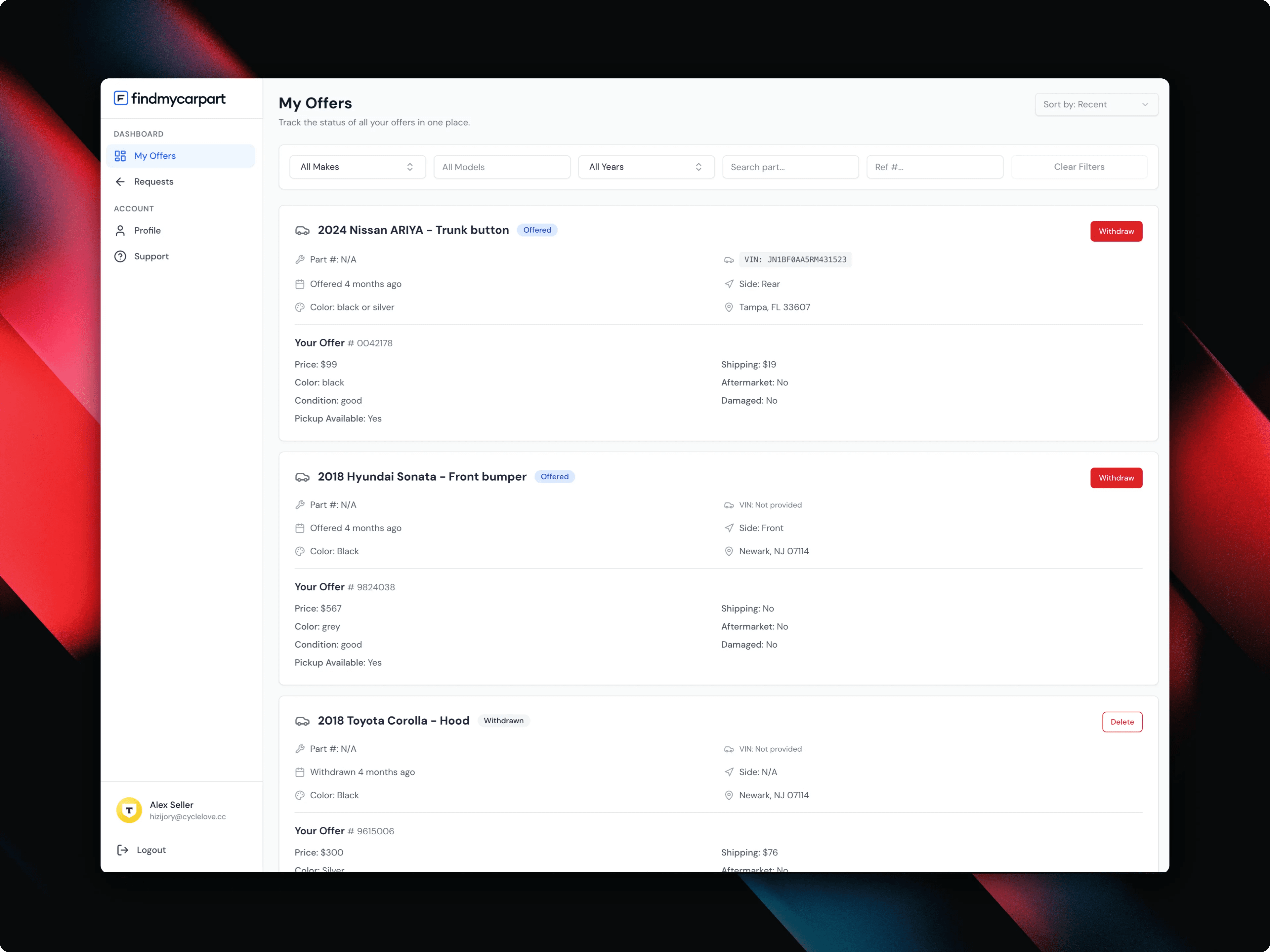 Seller My Offers dashboard with active offers on part requests including pricing, condition, and shipping details