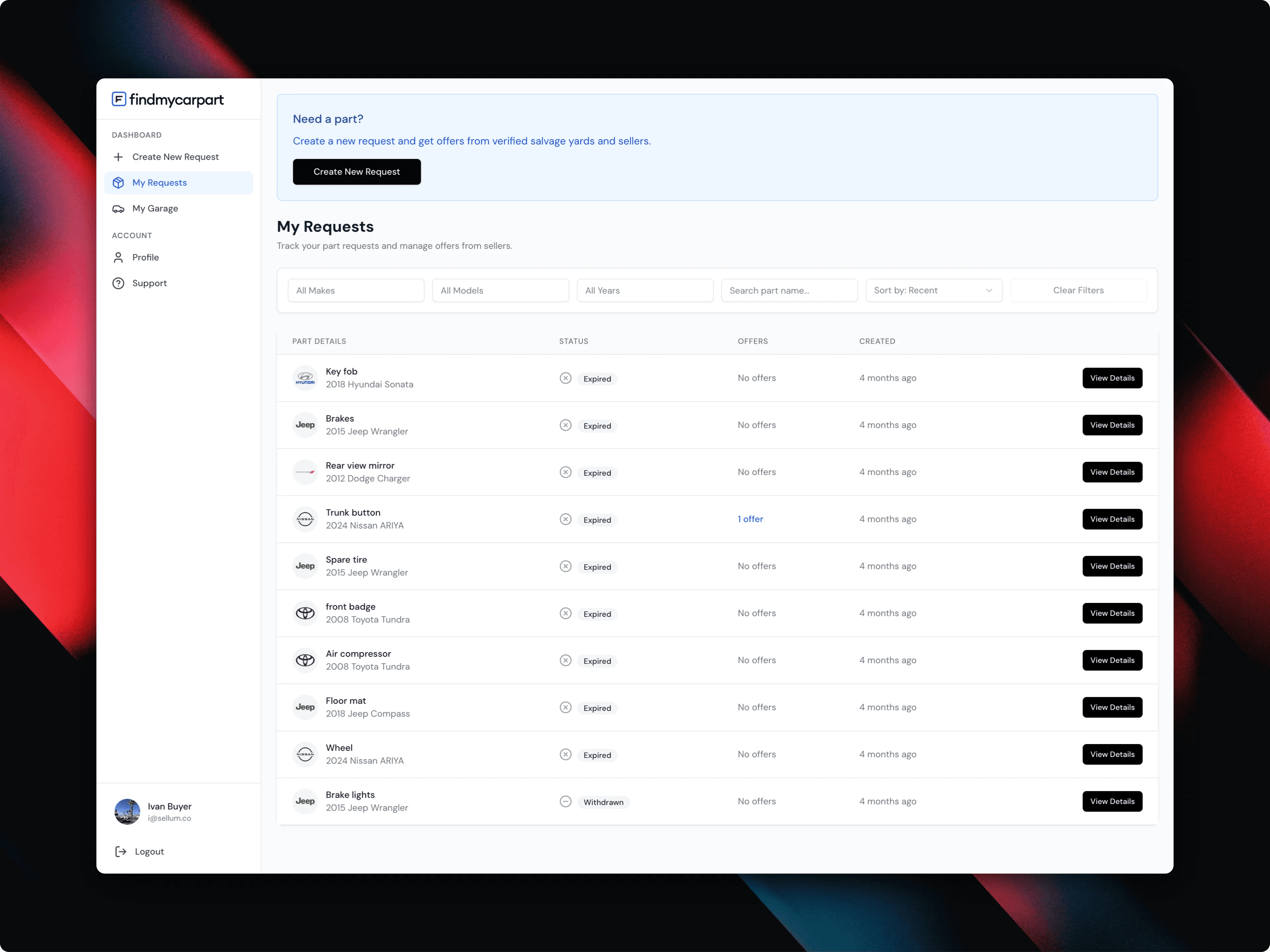 Findmycarpart buyer dashboard showing part requests with statuses, offer counts, and vehicle details