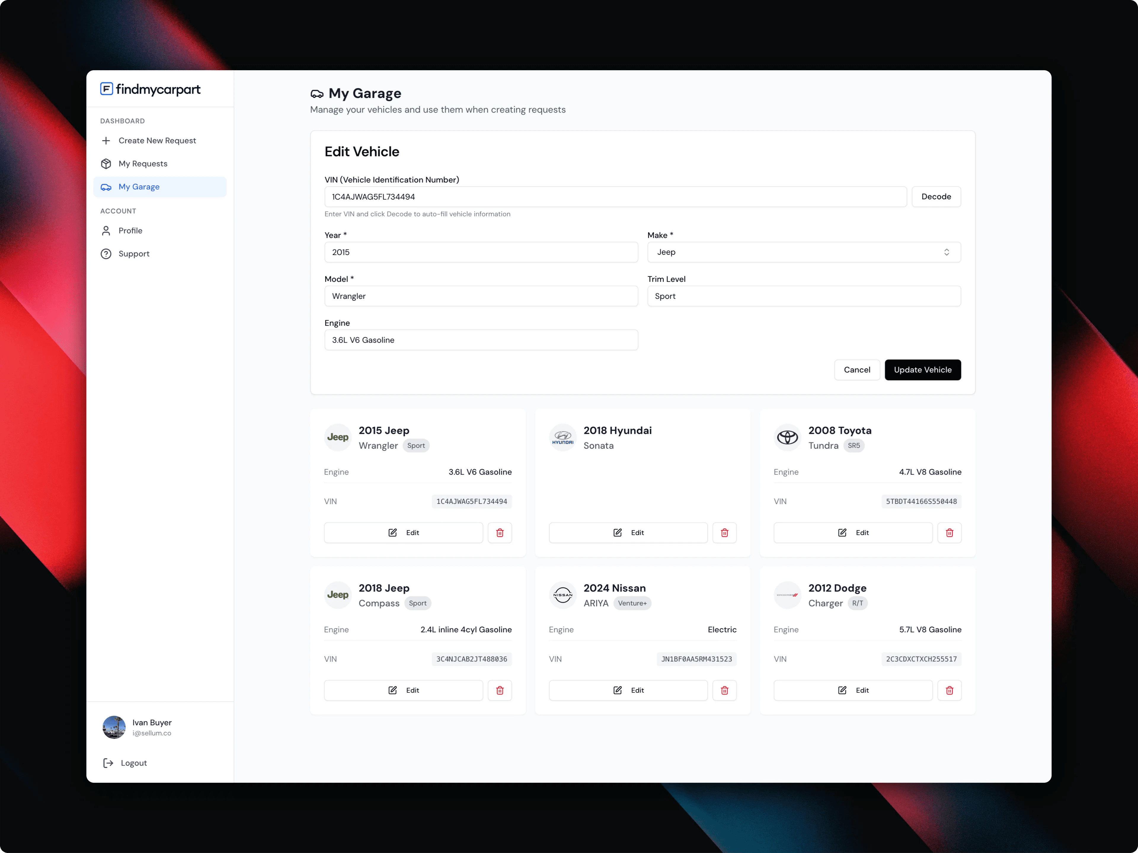 My Garage with Edit Vehicle modal showing VIN decode, year, make, model, and engine details