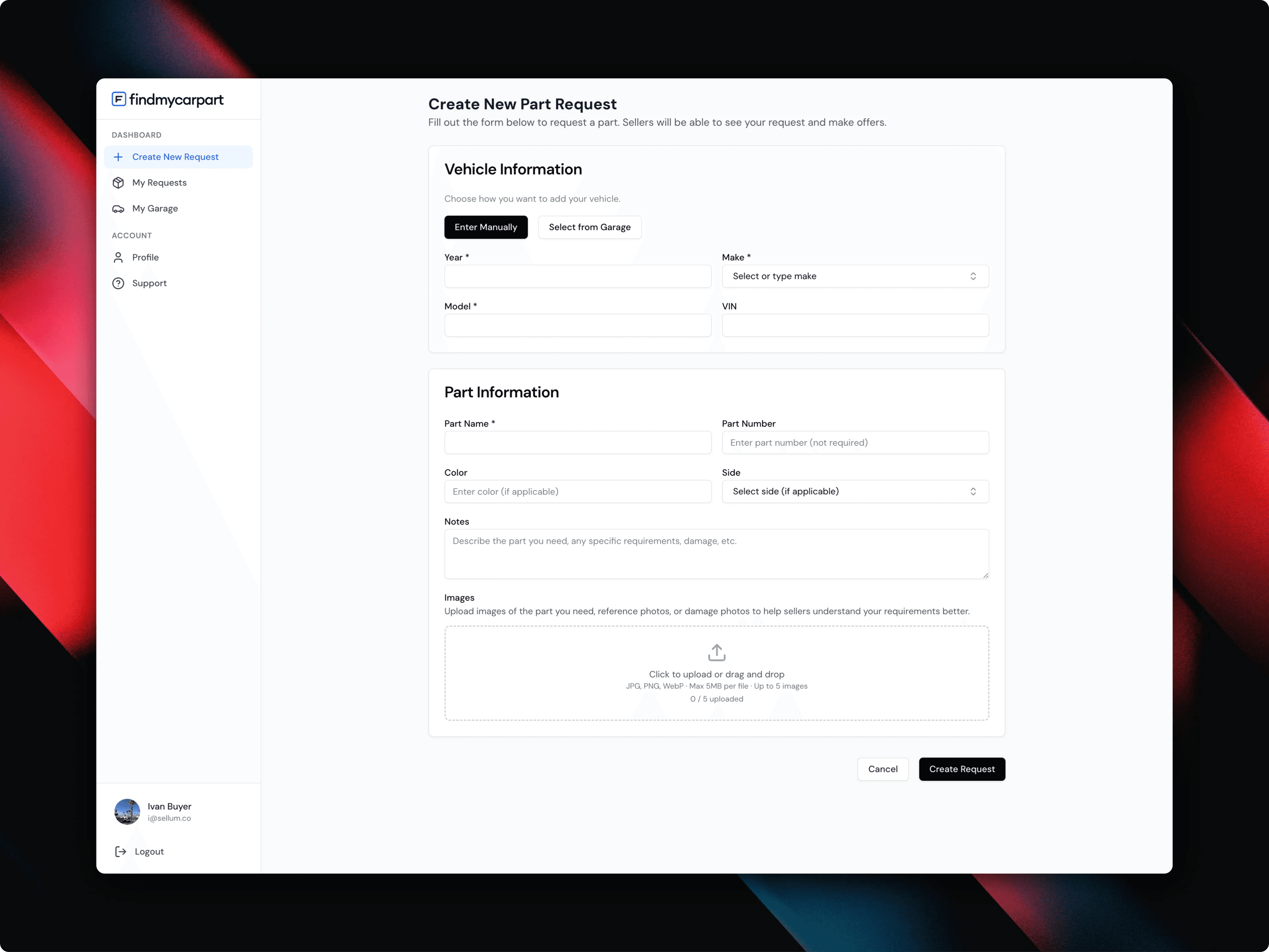 Create New Part Request form with vehicle selection, part details, and image upload